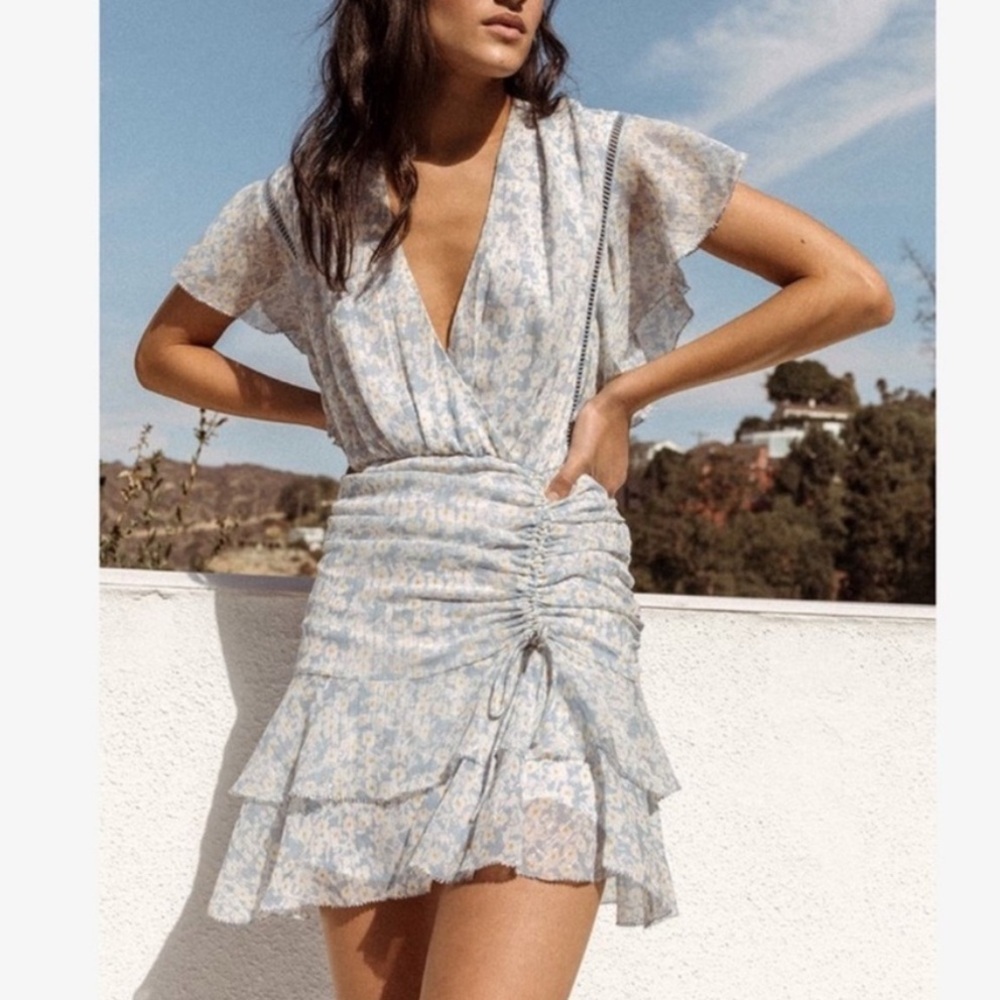 SAYLOR Marina Floral Ruched Mini Dress Blue Ruffle Flutter Sleeve M